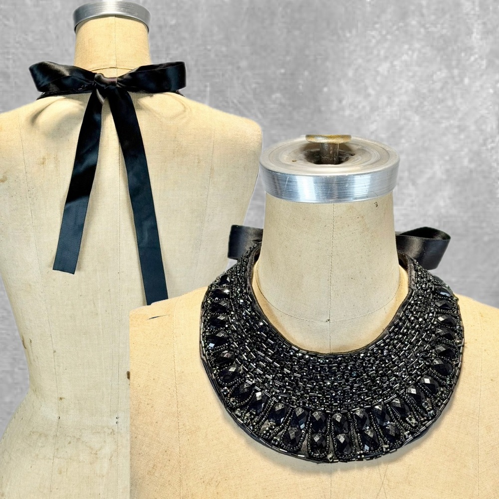 Chunky beaded statement bib necklace‎ tie back collar y2k 2010s sparkle formal